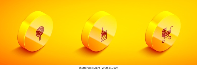 Set Isometric Lollipop, Monitor de Bebé Walkie Talkie y cochecito icono. Vector