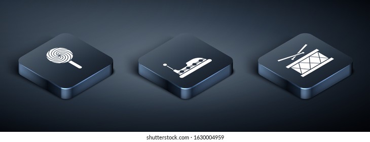 Set Isometric Lollipop, Drum with drum sticks and Bumper car icon. Vector