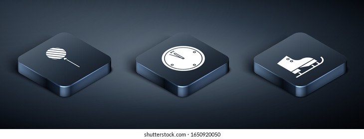 Set Isometric Lollipop, Figure skates and Clock icon. Vector