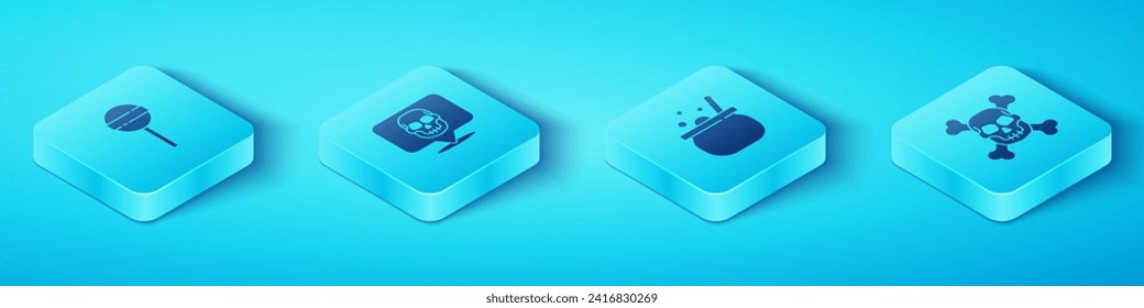 Set Isometric Lollipop, Skull, on crossbones and Halloween witch cauldron icon. Vector