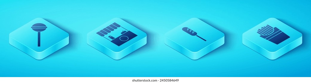 Set Isometric Lollipop, Street stall with awning, Potatoes french fries in box and Fried sausage icon. Vector