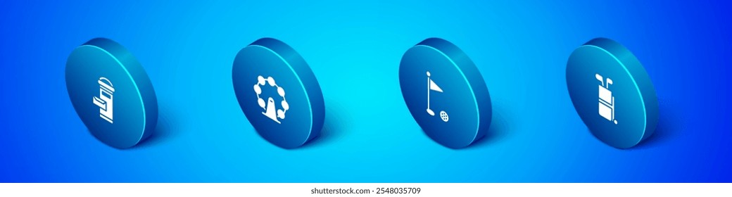 Set Isometric London mail box, Golf flag, bag with clubs and eye icon. Vector