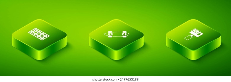 Set Isometric Longboard or skateboard, Action camera and Skateboard wheel icon. Vector