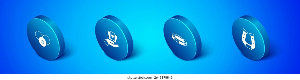 Set Isometric Lottery ball on bingo card, Casino chips, Horseshoe and Hand holding playing cards icon. Vector