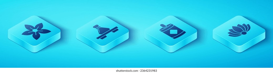Set Isometric Lotus flower, Dumpling on cutting board, Lotus flower and Firework icon. Vector