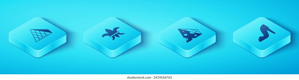 Set Isometric Louvre glass pyramid, Fleur De Lys, Woman shoe and Cheese icon. Vector