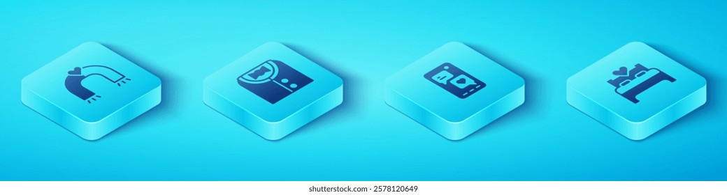 Set Isometric Love magnet, Suit, Bedroom and Mobile with heart icon. Vector