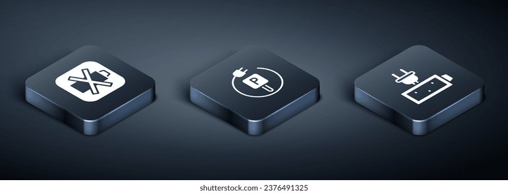 Ajuste la batería Isometric Low, la carga de la batería y el icono del coche eléctrico de estacionamiento de carga. Vector