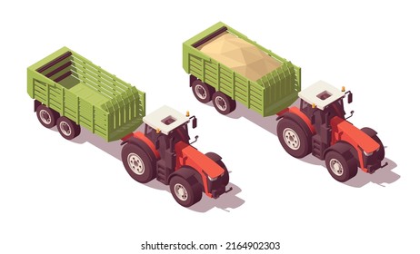 Set of isometric low poly tractors with straw trailers. Vector