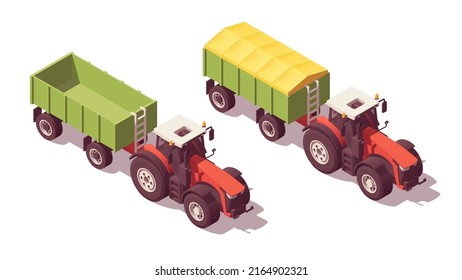 Set of isometric low poly tractors with grain trailers. Vector
