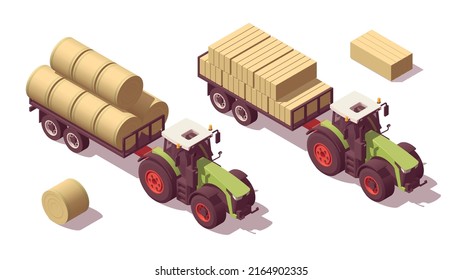 Set of isometric low poly tractors with straw bales trailers. Vector