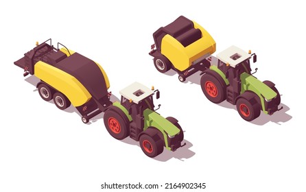 Set of isometric low poly tractors with balers. Vector