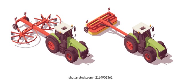 Set of isometric low poly tractors with hay harvest equipment. Mower, rotary rake. Vector