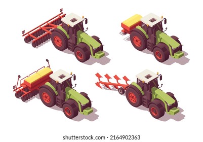 Conjunto de tractores isométricos de baja densidad con equipo agrícola. Vegetación, cultivador, sembrador, difusor de fertilizante. Vector