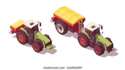 Set of isometric low poly tractors with fertilizer spreaders. Vector