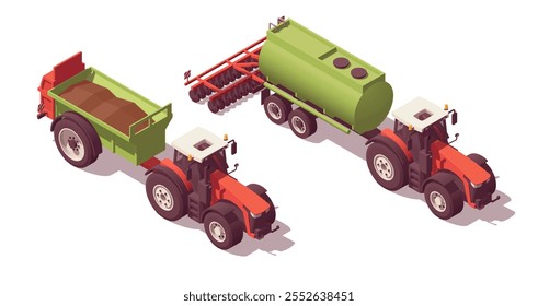 Conjunto de tractores isométricos de baja poli con esparcidores de estiércol. Ilustrador de Vector