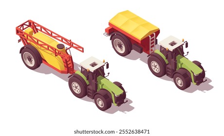 Conjunto de tractores isométricos de baja poli con pulverizador y esparcidor de fertilizantes. Ilustrador de Vector