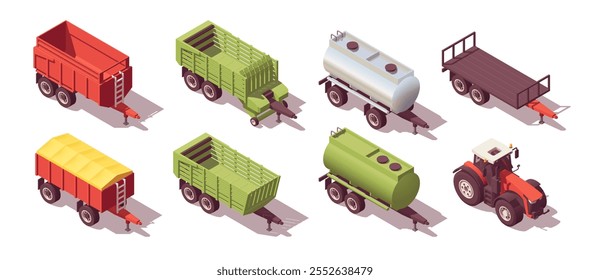 Conjunto de remolques isométricos de baja poli para tractor. Diferentes tipos de remolques en blanco. Ilustrador de Vector