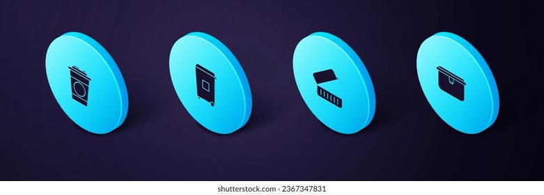 Set Isometric Lunch box, , Trash can and Paper glass icon. Vector