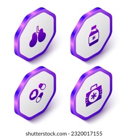 Set Isometric Lungs, Bottle of medicine syrup, Medicine pill or tablet and First aid kit icon. Purple hexagon button. Vector