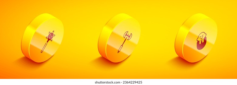Set Isometric Mace with spikes, Medieval poleaxe and Viking head icon. Vector