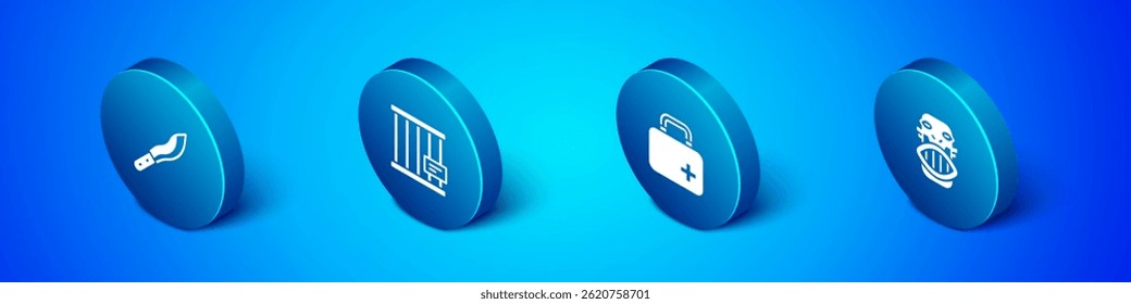 Set Isometric Machete, First aid kit, Mexican mayan or aztec mask and Animal cage icon. Vector