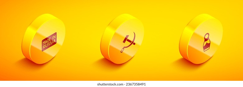 Fijar Isometric Made in Russia, martillo y hoz URSS e icono de la muñeca rusa matryoshka. Vector