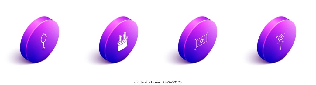 Set Isometric Magic hand mirror, Magician hat rabbit ears, carpet and staff icon. Vector