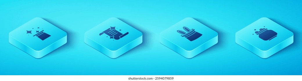 Set Isometric Magic hat, Ancient magic book, Witch cauldron and Magician and rabbit ears icon. Vector