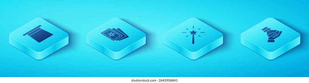 Set Isometric Magic hat, Three tarot cards, Bottle with potion and wand icon. Vector