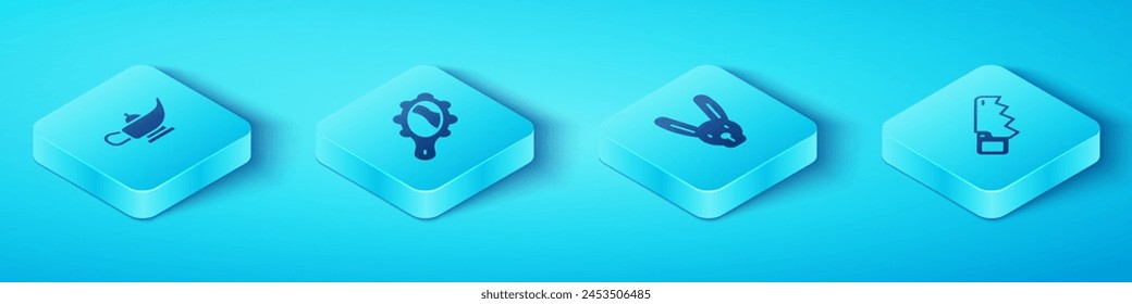 Set Isometric Magic lámpara o Aladdin, espejo de mano, sierra de mano y conejo con orejas icono. Vector