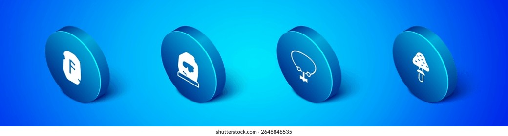 Conjunto runa mágica isométrica, collar con gema, hongo e icono. Vector