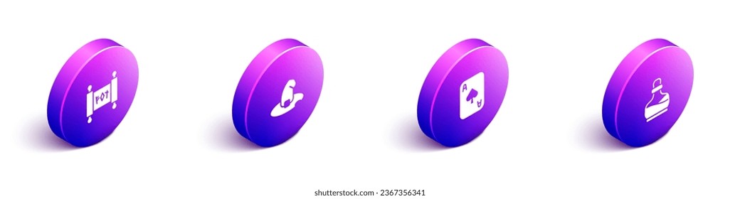 Set Isometric Magic scroll, Witch hat, Playing cards and Bottle with potion icon. Vector