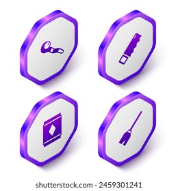 Set Isometric Magic staff, Hand saw, carpet and Witches broom icon. Purple hexagon button. Vector