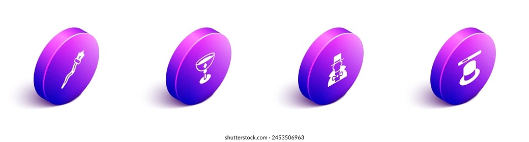 Set Isometric Magic staff, Medieval goblet, Magician and hat and wand icon. Vector