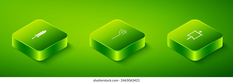 Set Isometric Magic staff, Medieval flag and sword icon. Vector