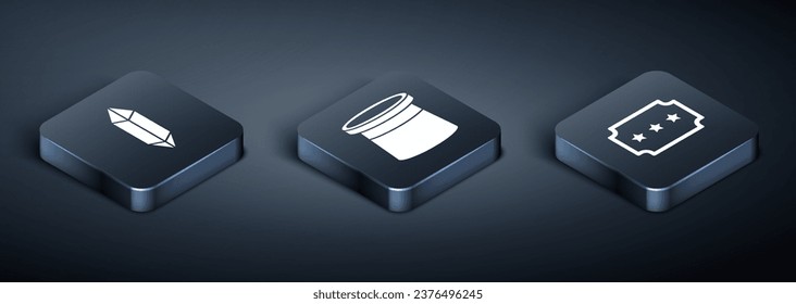 Set Isometrischer Zauberstein, Ticket und Zauberhut Symbol. Vektorgrafik