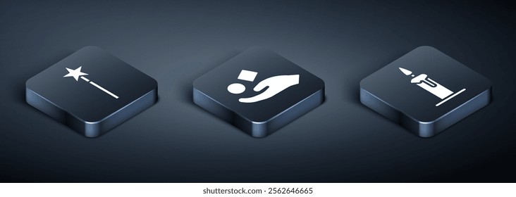 Set Isometric Magic wand, Burning candle in candlestick and Cube levitating above hand icon. Vector