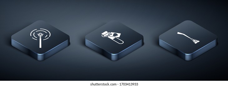 Set Isometric Magic wand, Witches broom and Bottle with love potion icon. Vector