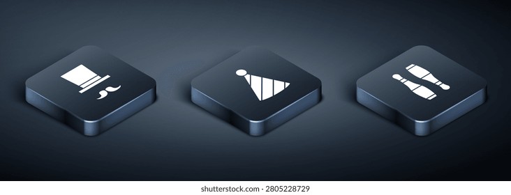 Set Isometric Magician, Bowling pin and Party hat icon. Vector