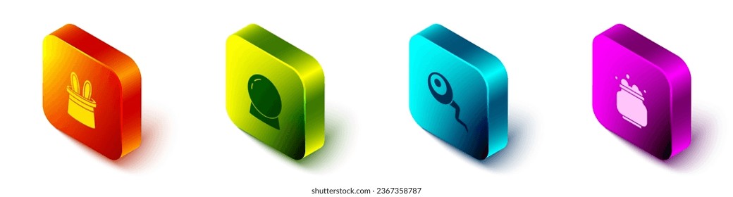 Set Isometric Magician hat and rabbit ears, ball, Eye and Witch cauldron icon. Vector