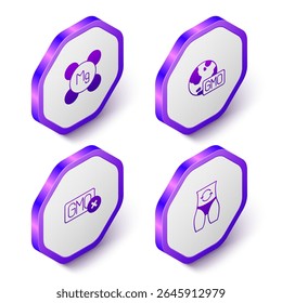 Set Isometric Magnesium, GMO, No and Metabolism icon. Purple hexagon button. Vector