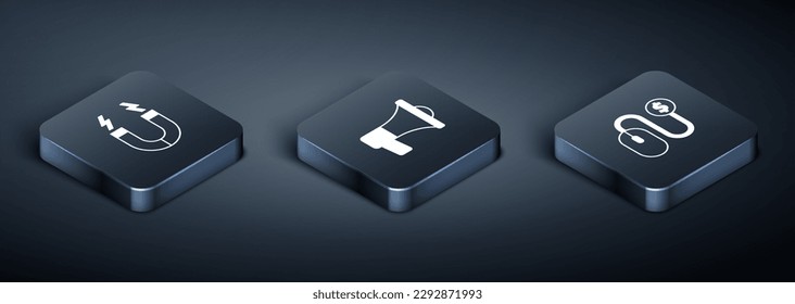 Set Isometric Magnet, Advertising and Megaphone icon. Vector