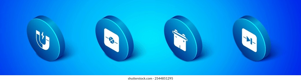 Set Isometric Magnet, Car battery, Diode in electronic circuit and Lamp icon. Vector