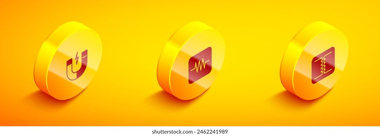 Ajuste el imán isométrico, la resistencia en el circuito electrónico y el icono del transformador eléctrico. Vector