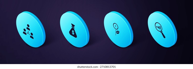 Conjunto de lupa isométrica y análisis, planta de dólar, bolsa de dinero e icono de base de equipo de proyecto. Vector