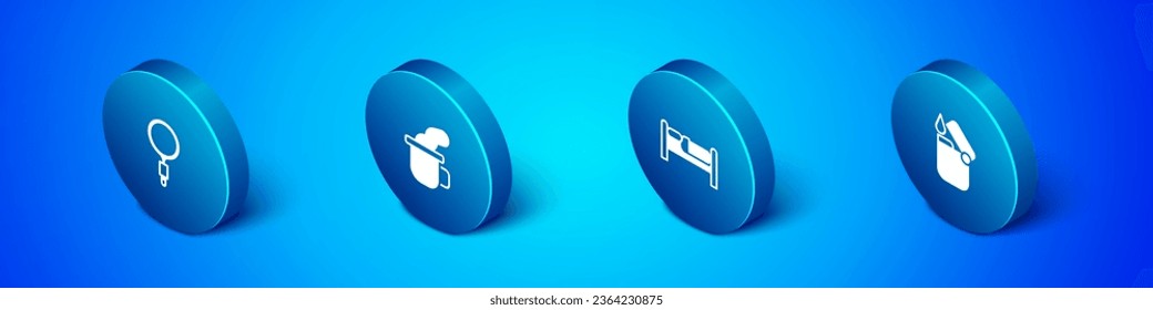 Set Isometric Magnifying glass, Bed, Lighter and Cup of tea icon. Vector