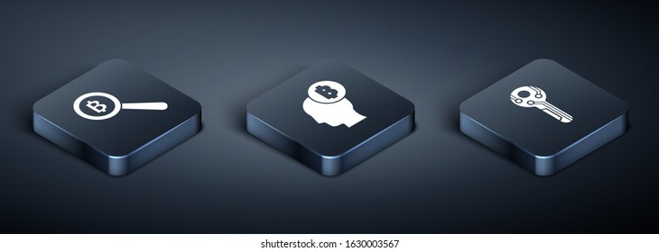 Set Isometric Magnifying glass with Bitcoin, Cryptocurrency key and Bitcoin think icon. Vector
