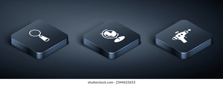 Set Isometric Magnifying glass, Ray gun and Earth globe icon. Vector