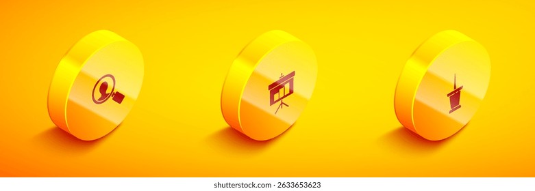 Set Isometric Magnifying glass for search people, Chalkboard with diagram and Push pin icon. Vector